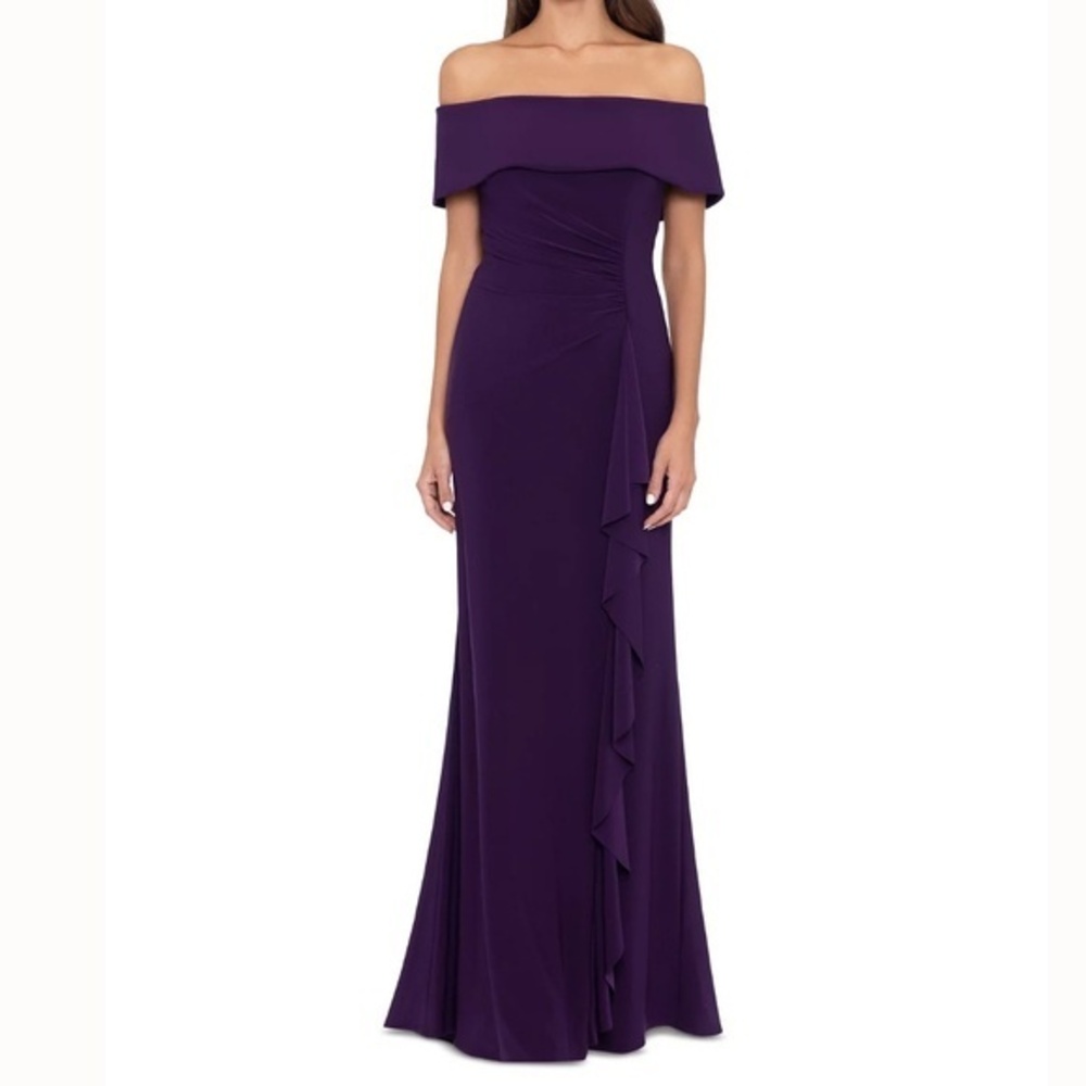 XSCAPE. Off-The-Shoulder‎ Side-Ruched Ruffled Gown.